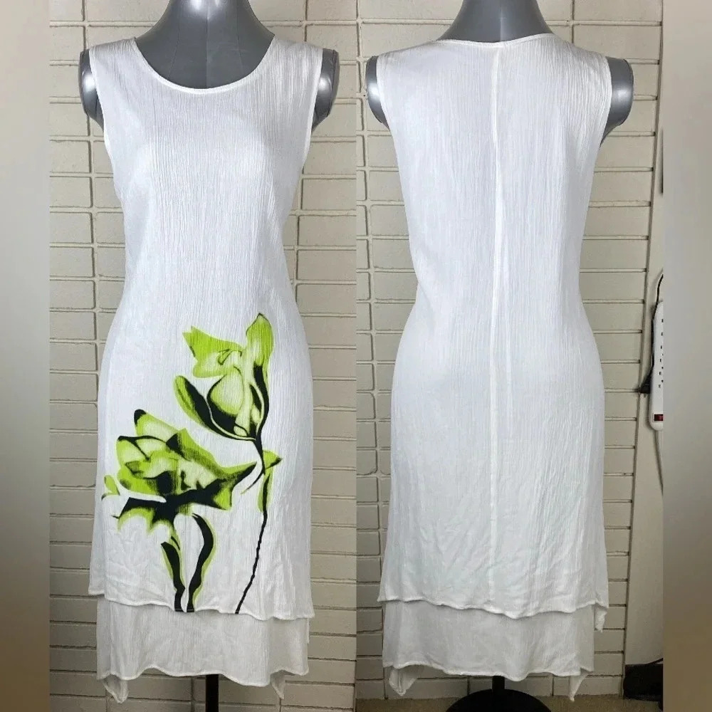 White green floral print shark bite hem tunic shift dress beach dress size large